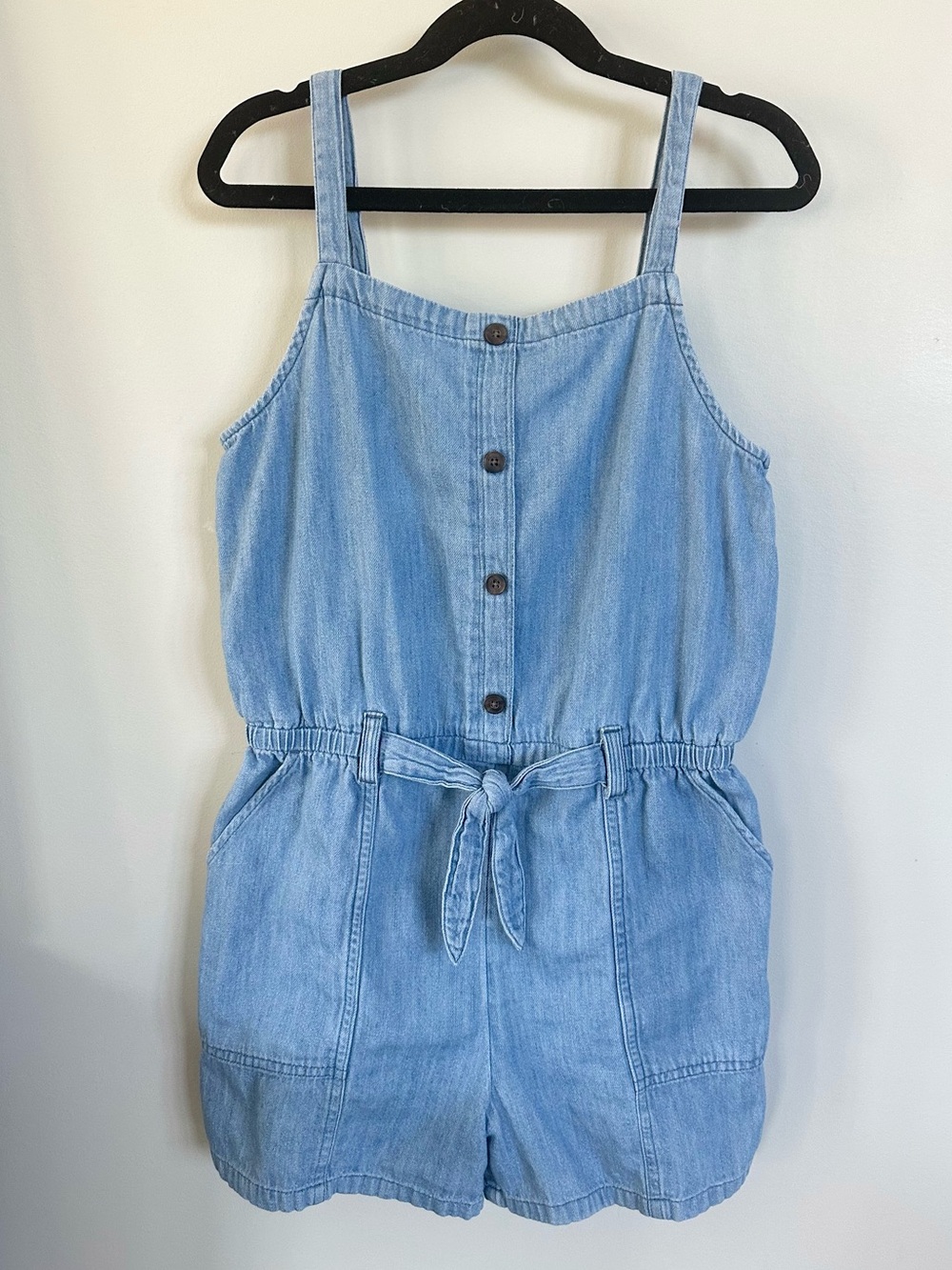 Old Navy Girls XL 14-16 Chambray Denim Romper Tie Waist Button Front Cotton